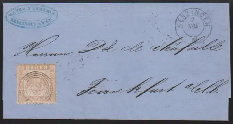 9 Kr. bledohnědá, dva dopisy, vzorky bez hodnoty z Mannheimu, jakož i s NS "69" a K2 "Kenzingen", každý signováno Stegmüller. Mi. 300,-
