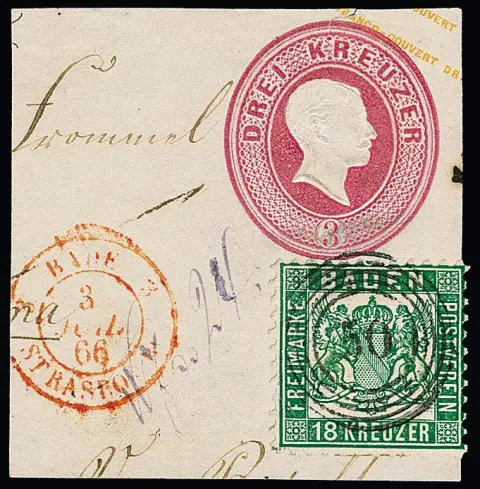 18 Kr. zelená, nádherný plně zoubkovaný kus s nálepkou na příslušném úseku celiny 3 Kr. růžové, s jasným NS "50" (Gernsbach), Mi. 700,-