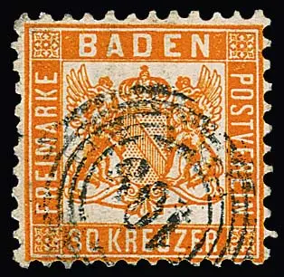 30 Kr. gelborange mit klarem NS "109" (Pforzheim), sauber ausgebessert, sign. Brettl. Mi. 3000,-