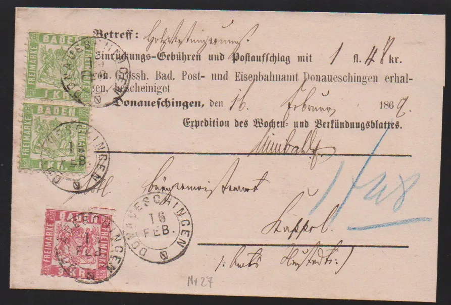 1 Kr. green, superb pair and 3 Kr. pink (partly scissors separation) on newspaper wrapper from Donaueschingen (K2), signed Stegmüller