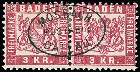 1 Kr. grün (2) und 3 Kr. rosa (10), zwölf Werte mit besseren Entwertungen, dabei L1 "Ueberlingen", viermal Postablage, u.a. "Mosbach-Dallau" ideal auf Paar 3…