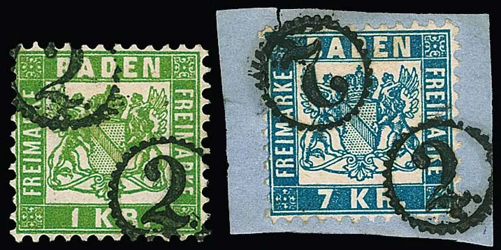 1 Kr. grün und 7 Kr. blau (auf etwas hinterklebtem Briefstück) je mit hierauf besserer Entwertung durch Uhrradstempel "2" jeweils mit zwei ähnlichen…