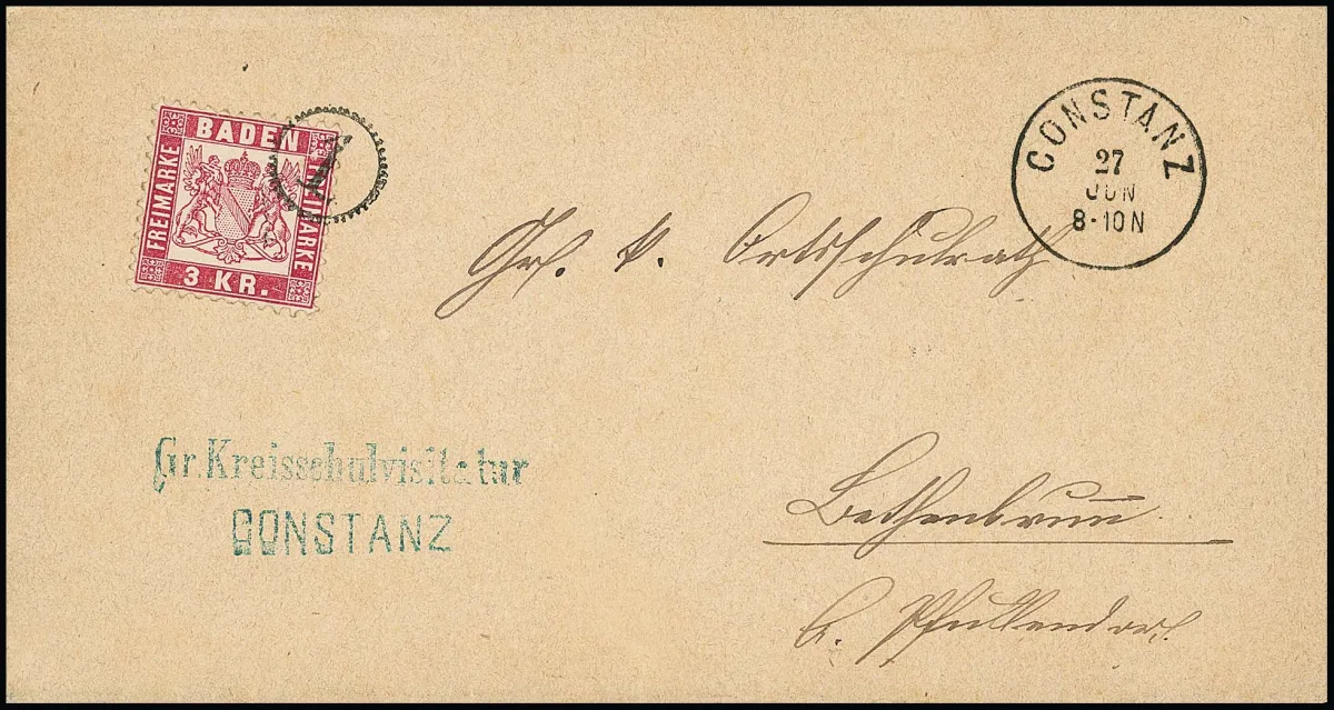 3 Kr. rose, pièce de choix avec cachet horaire "1" clair et K1 secondaire "Constanz" sur lettre