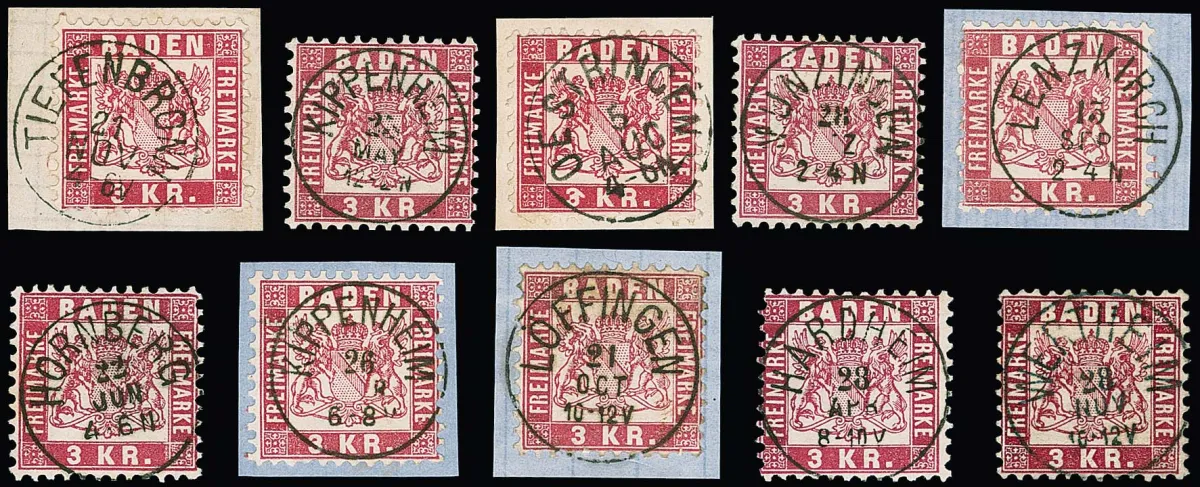 3 Kr. carmine/pink, 48 selected values with centric circular cancels, including also late post offices, luxury letter fragments etc.