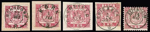 3 Kr. rosa (einmal Nr. 18), 49 Werte je mit klaren K2, teils auf Briefstücken, dabei schön gestempelte Luxusstücke