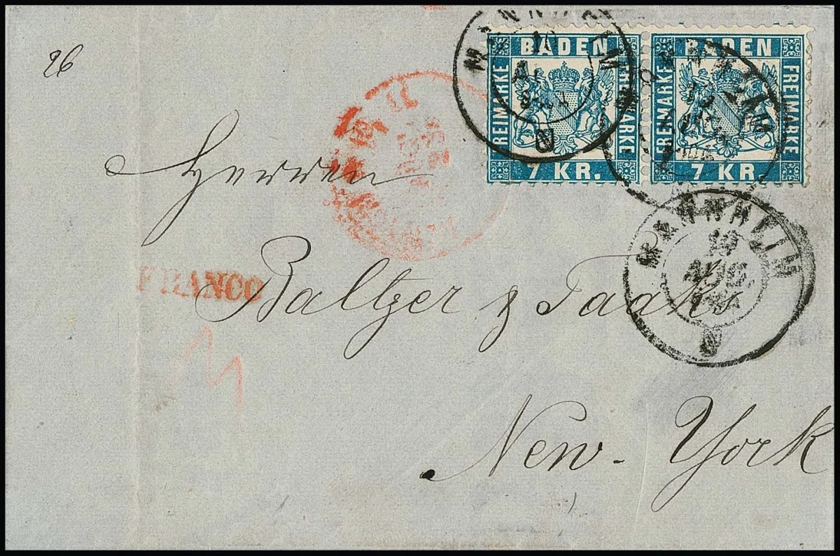 7 Kr. niebieski, pozioma para gabinetowa z K2 "Mannheim" na liście do Nowego Jorku 1870