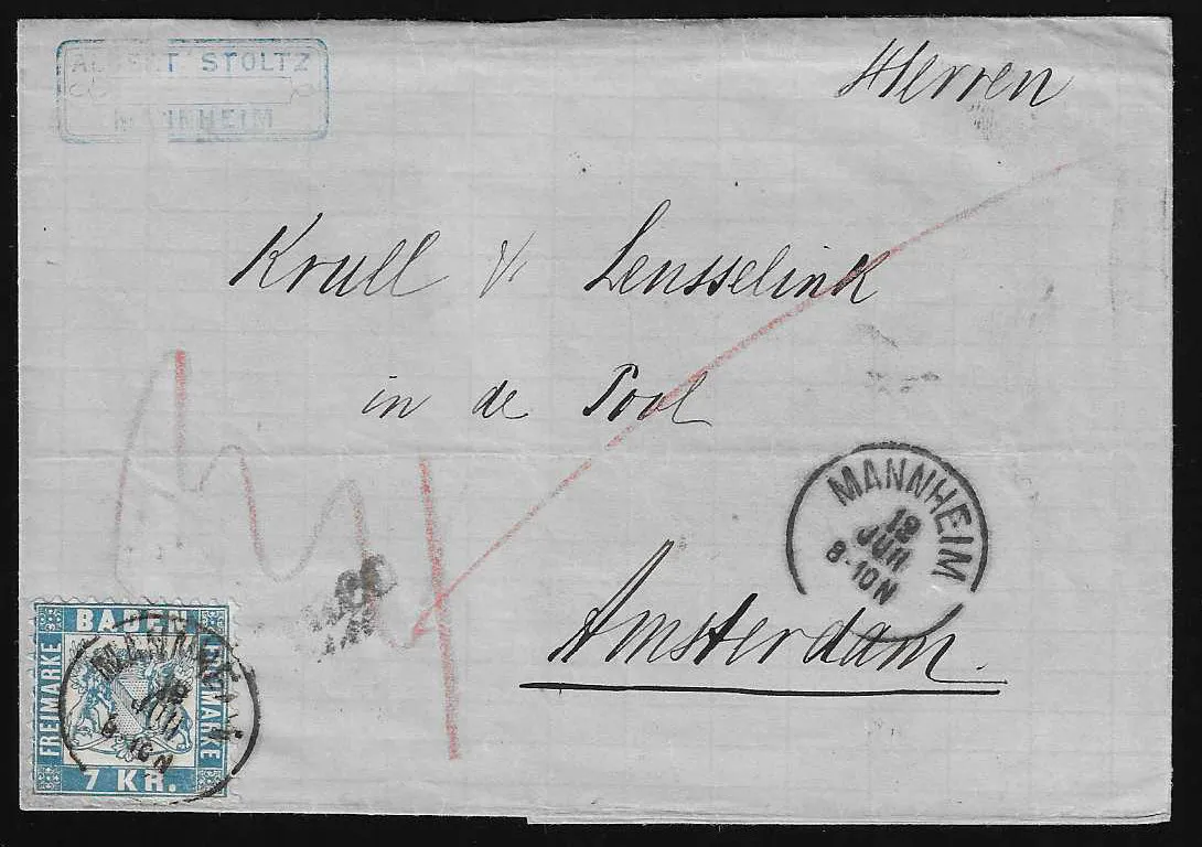 7 Kr. bleu, deux lettres de cabinet superbes, de Donaueschingen à Villingen, et de Mannheim à Amsterdam