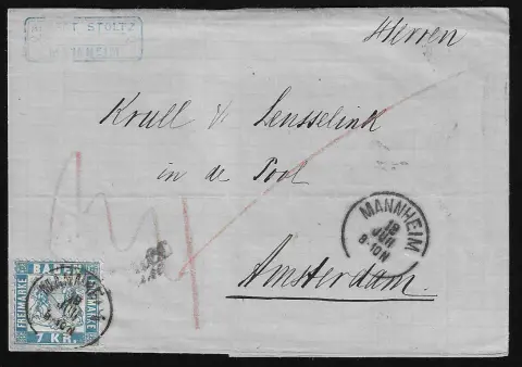 7 Kr. blau, zwei Pracht-/Kabinettbriefe, von Donaueschingen nach Villingen, und Mannheim nach Amsterdam