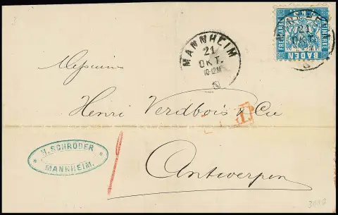 7 Kr. hellblau, Kabinettstück mit zentr. K2 "Mannheim" als bessere Einzelfrankatur auf mittig gefaltetem Brief nach Antwerpen, 21.10.71, sign. Brettl. Mi.…