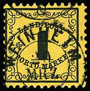 Landpost 1 Kr. schw./gelb, gut gezähntes Kabinettstück mit K2 "Weinheim", sign. Englert. Mi. 400,-