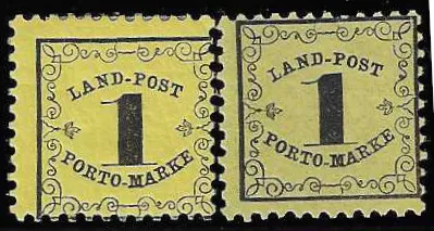 Landpost 1 Kr. black/yellow and on dark yellow, thin and thick paper, each flawless unused, Mi. 186,-