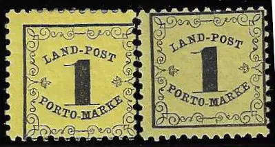 Landpost 1 Kr. schw./gelb und auf dunkelgelb, dünnes und dickes Papier, je tadellos ungebraucht, Mi. 186,-