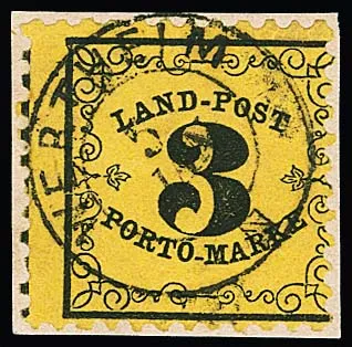 Landpost 3 Kr. noir/jaune sur fragment de lettre de cabinet avec K2 complet "Wertheim", Mi. 150,-