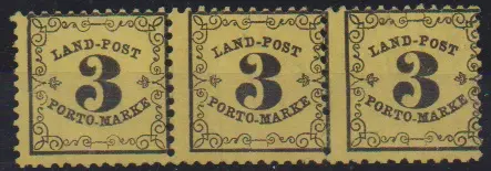 Landpost 3 Kr. schw./dunkelgelb im tadellosen ungestempelten Dreierstreifen, Fotoexp. Stegmüller. Mi. für Falz 500,-