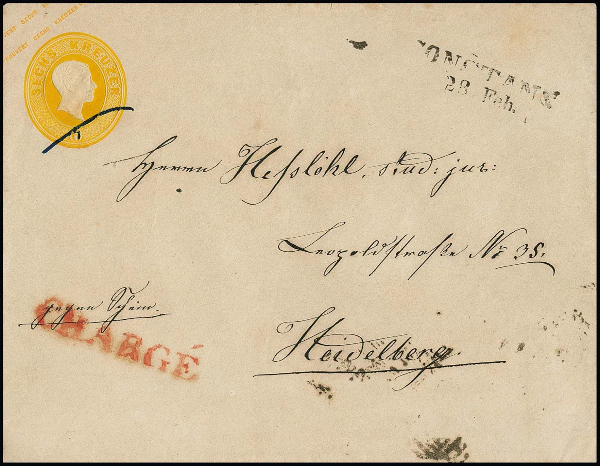 Entier postal 6 Kr. jaune, grand format, enveloppe de cabinet avec L2 "Constanz" et L1 latéral rouge "Chargé" pour Heidelberg. Mi. 1000,-