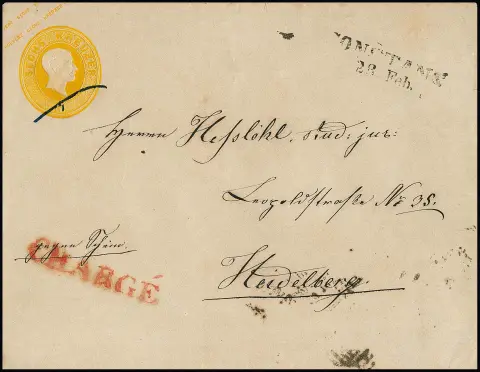 Ganzsache 6 Kr. gelb, Großformat, Kabinett-Umschlag mit L2 "Constanz" und rotem Neben-L1 "Chargé" nach Heidelberg. Mi. 1000,-