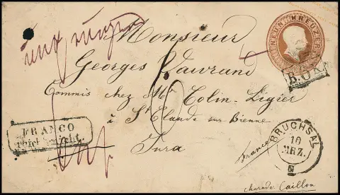 Ganzsache 9 Kr. rötlichbraun mit K2 "Bruchsal" 1867 unterfrankiert nach St. Claude/Frankreich, Ra2 "Franco reicht nicht" und mit Ra1 "B.6.K." nachtaxiert,…