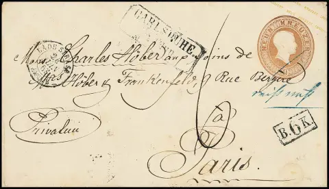 Ganzsachen 3 Kr. rosa (aus Bruchsal) und 9 Kr. ockerbraun (aus Carlsruhe), zwei unterfrankierte und nachtaxierte Couverts je nach Frankreich (einmal kl. Mgl.…