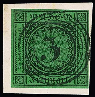 "4" (Aglasterhausen) glasklar und zentrisch auf Luxusbriefstück mit breitrandiger 6 Kr. schw./grün mit Plattenfehler "Randlinie über E von BADEN gebrochen"