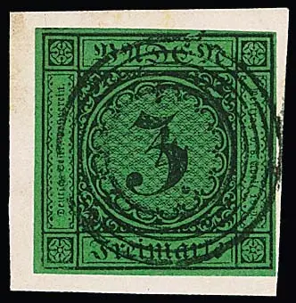 "4" (Aglasterhausen) glasklar und zentrisch auf Luxusbriefstück mit breitrandiger 6 Kr. schw./grün mit Plattenfehler "Randlinie über E von BADEN gebrochen"