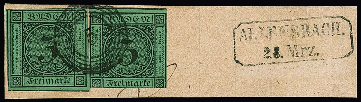 "5" with Ra2 "Allensbach" on letter fragment with two times 3 Kr., a huge margin