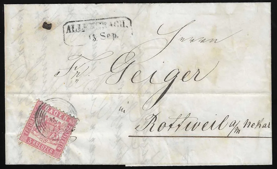 "5" with Ra2 "Allensbach" on centrally folded letter with superb 3 Kr. pink
