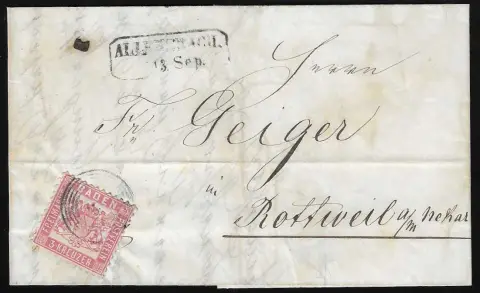 "5" nebst Ra2 "Allensbach" auf mittig gef. Brief mit Prachtstück 3 Kr. rosa