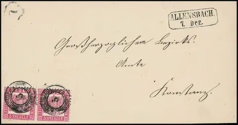 "5" nebst Ra2 "Allensbach" auf Prachtbrief (wie üblich ohne Seitenklappen) mit Paar 3 Kr. rosa, oben Uhrradstempel "7"