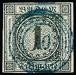 "10" (Beuggen) in blau zentrisch auf 1 Kr. schwarz, sign. Bühler, etwas "wolkig"