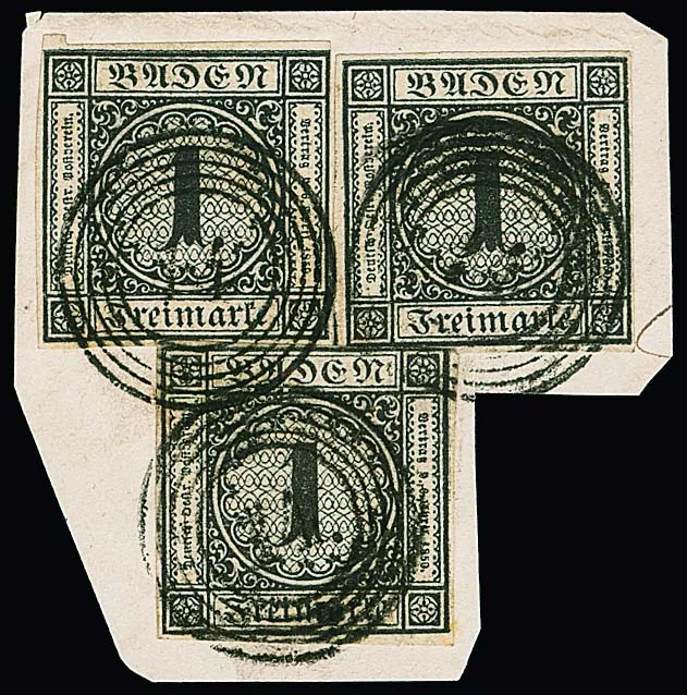 "14" (Blumberg) klar auf Briefstück mit dreimal 1 Kr. schwarz, sowie auf loser 3 Kr. rosa