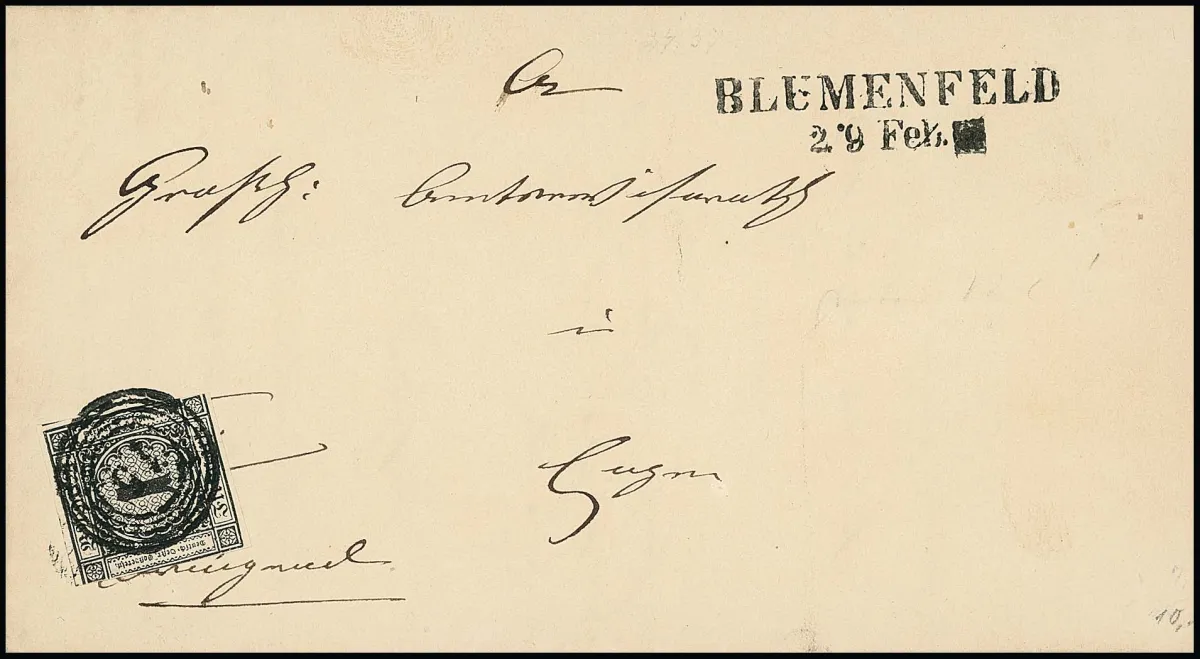 "15" avec L2 resp. K2 "Blumenfeld" sur deux lettres 1 Kr. noir, coupé habituellement, resp. dentelé