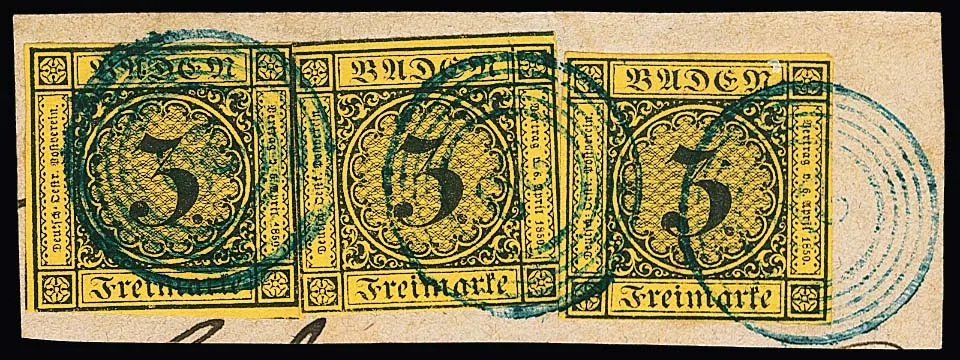 "20" (Buchen) in blue clear on letter fragment with three times 3 Kr. black/dark yellow