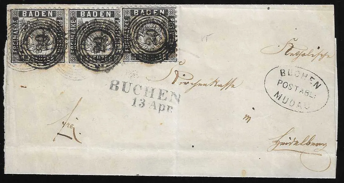 "20", kurios blauer und schwarzer NS als Doppelentwertung, blauer L2 "Buchen" und Postablage "Buchen-Modau" nebengesetzt, auf Brief (wie üblich seitlich…