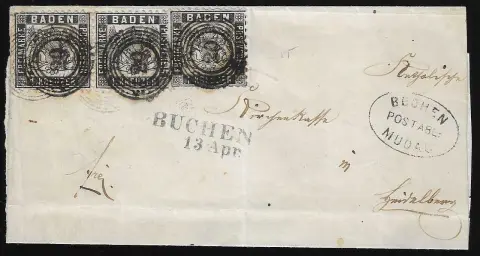 "20", kurios blauer und schwarzer NS als Doppelentwertung, blauer L2 "Buchen" und Postablage "Buchen-Modau" nebengesetzt, auf Brief (wie üblich seitlich…