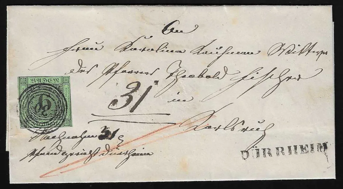 "30" nebst L1 "Dürrheim" klar auf frischem Nachnahmebrief mit üblich geschnittener 6 Kr.