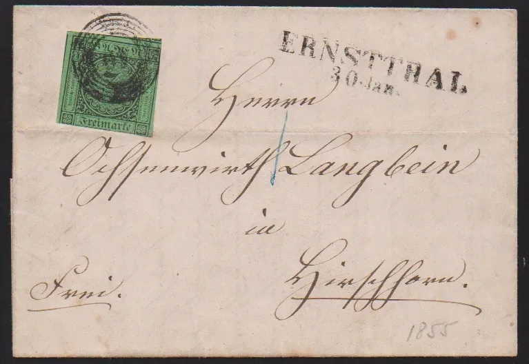 "40" nebst L2 "Ernstthal" auf Brief mit teils angeschnittener 3 Kr.