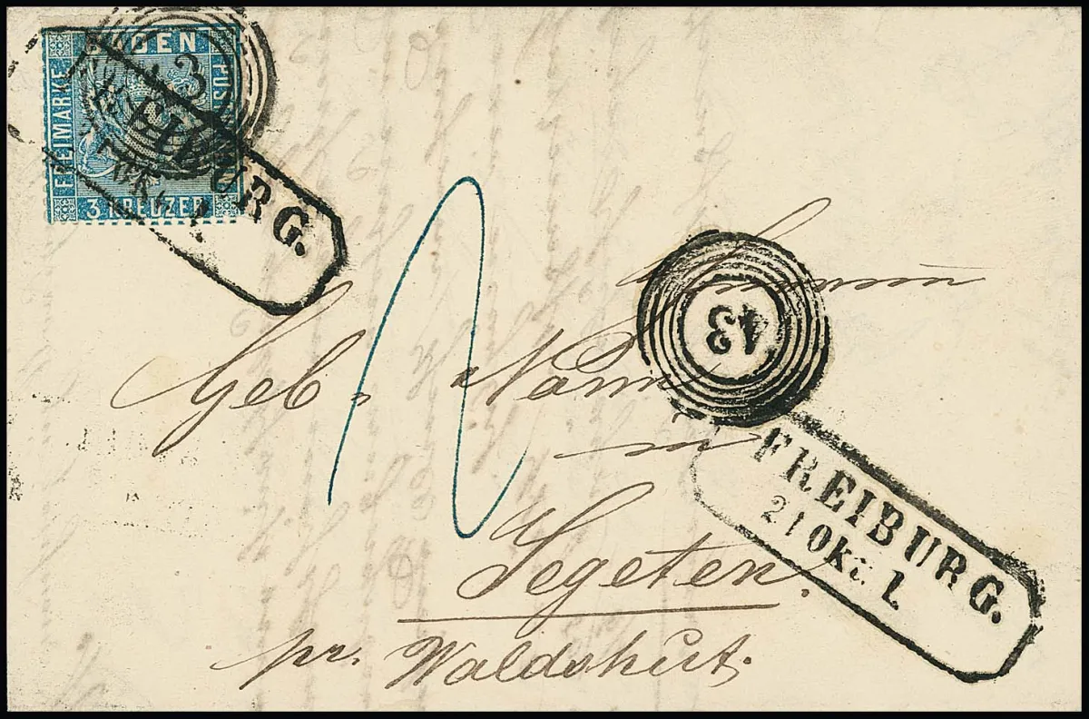 "43" with Ra2 "Freiburg" as curious "duplex" cancellation, the same combination repeated alongside (!), on cover with 3 Kr. (scissors at top)