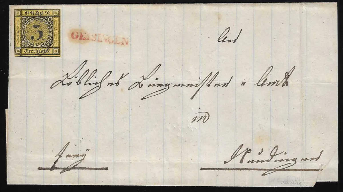 "47" delicate with red L1 "Geisingen" on cover 3 Kr. pale/dark yellow