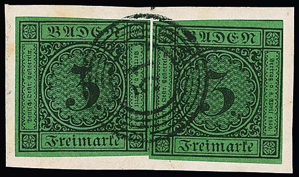 "51" (Graben/Neckarelz) auf Kabinettbriefstück 3 Kr. schw./grün per zwei, sowie auf gez. 3 Kr. rosa