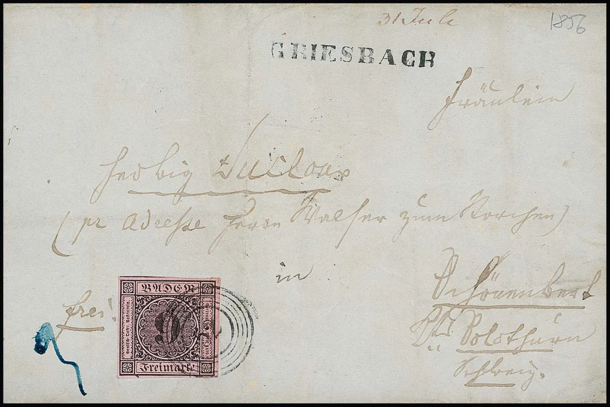 "52" avec L1 "Griesbach" sur lettre pour l'étranger avec 9 Kr. noir/rose pour la Suisse 1856, lég. déf.