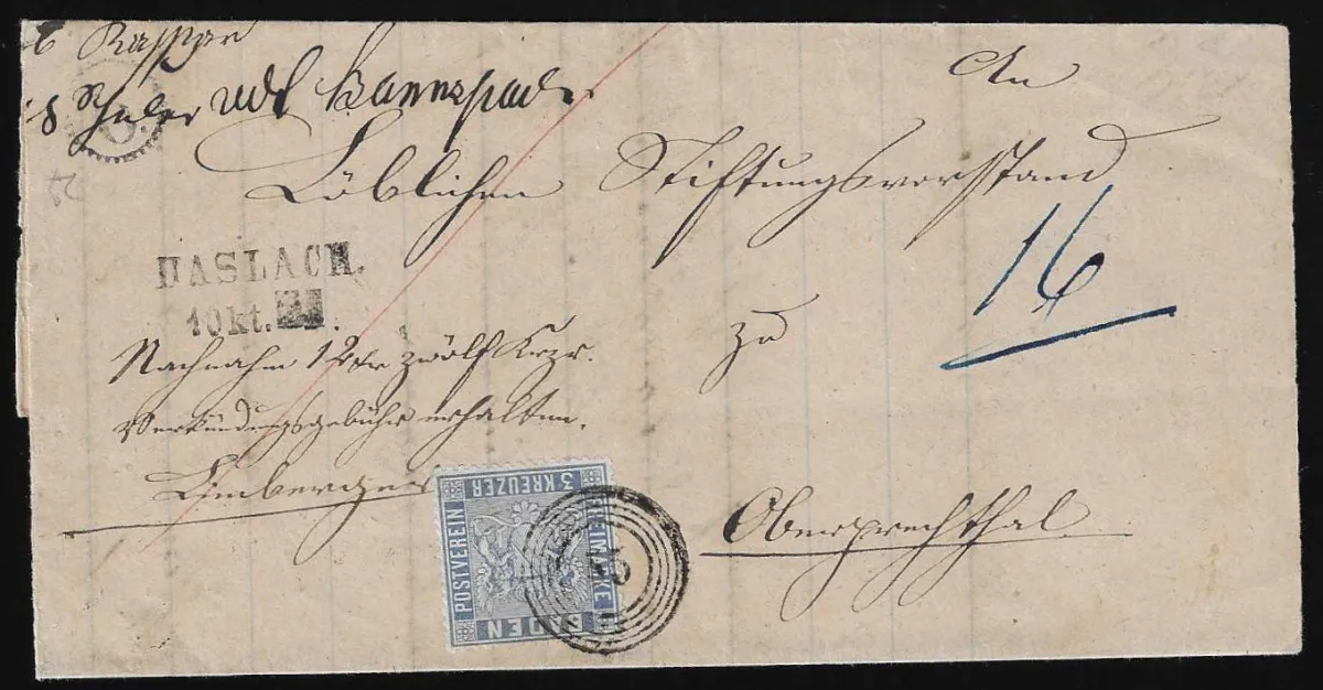 "55" avec L2 "Haslach" ainsi que cachet horaire "6" sur lettre NN superbe avec 3 Kr.