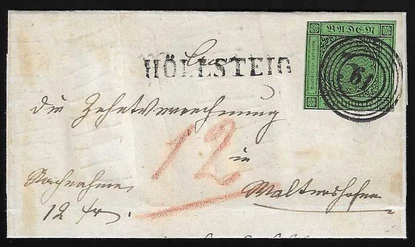 "61" nebst L1 bzw. K2 "Hoellsteig" auf zwei Briefen 3 Kr. schw./grün, einmal als NN