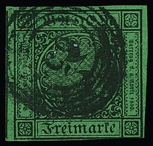 "65" (Ichenheim) clear on three-sided full-margin 3 Kr. black/green (usage-related sand pore), well signed Unverferth
