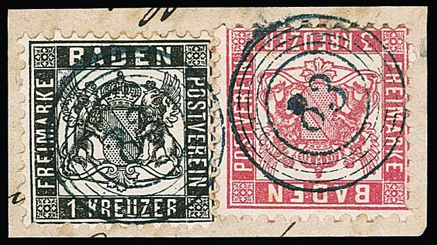 "83" (Löffingen) in clear blue on cabinet letter piece with 1 Kr. black and 3 Kr. pink