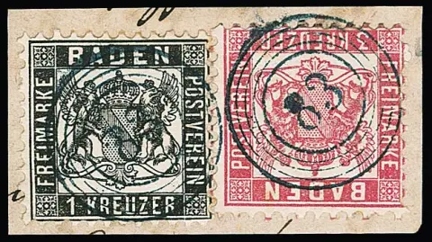 "83" (Löffingen) v jasně modré na kabinetním ústřižku dopisu s 1 Kr. černou a 3 Kr. růžovou