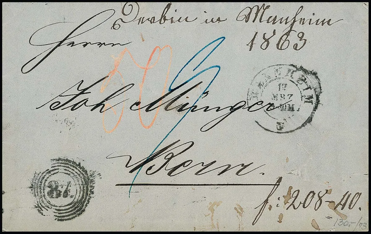 "87" with K2 "Mannheim" curious on unfranked (!) foreign letter 1863 with night fee to Bern, inside decor. letter sheet