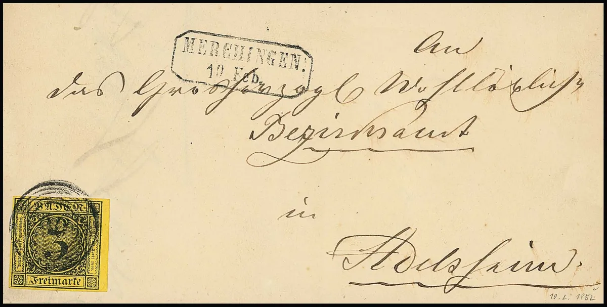 "90" with Ra2 "Merchingen" on three letters 3 Kr., 3 Kr. black/yellow as cabinet margin piece, 3 Kr. pink in pair
