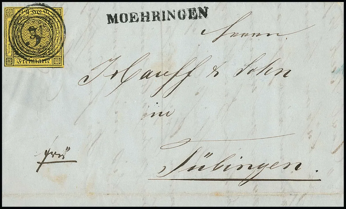 "91" и L1 "Moehringen" на письме 3 Kr. черн./желт. в Тюбинген
