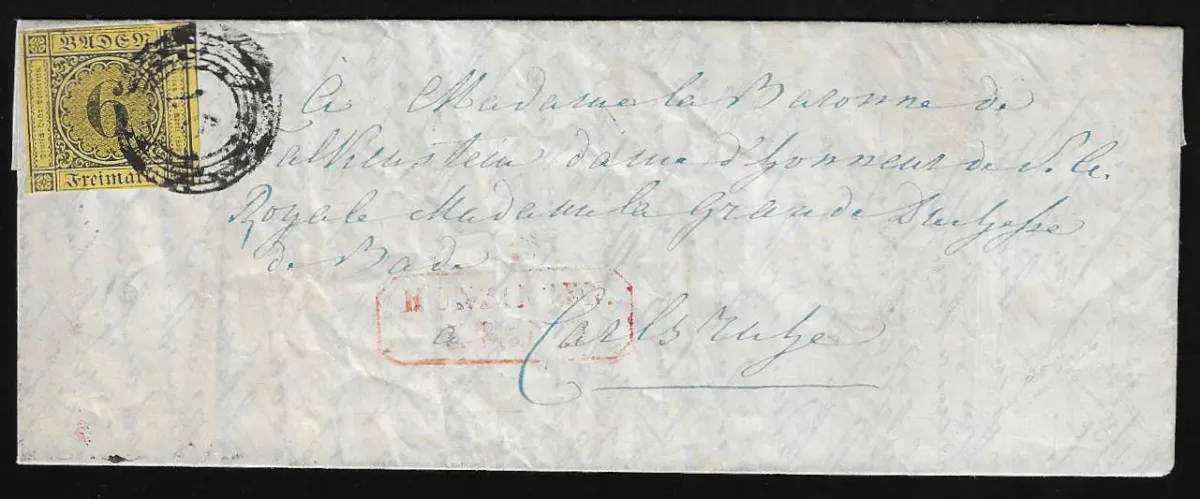 "97" with red Ra2 "Munzingen" on blue-addressed nobility letter with usually cut 6 Kr. black/yellow