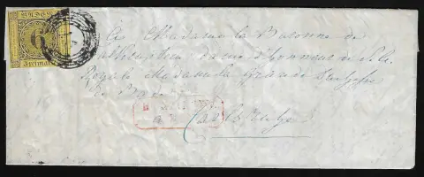 "97" avec Ra2 rouge "Munzingen" sur lettre de noblesse adressée en bleu avec 6 Kr. noir/jaune habituellement découpé